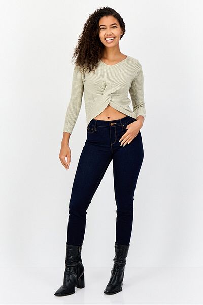 Poof Girl Women V-neck Knnited Sweater, Light Khaki