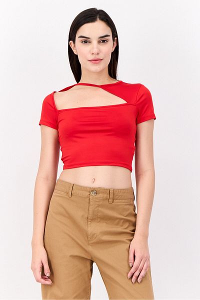 Don't Call Me Jennyfer Women Round Neck Short Sleeve Plain Top, Red