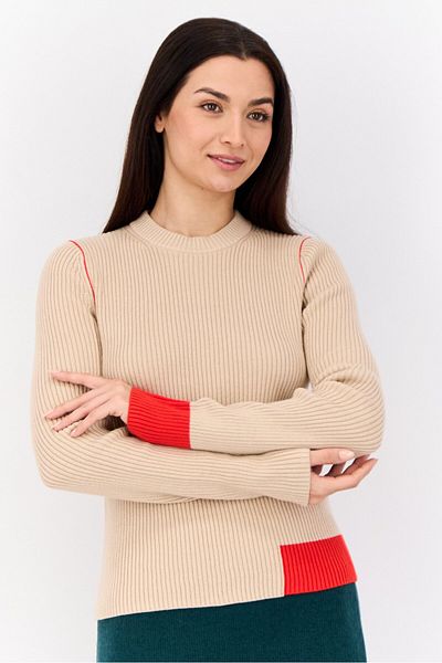 Esprit Women Crew Neck Ribbed Sweater, Tan
