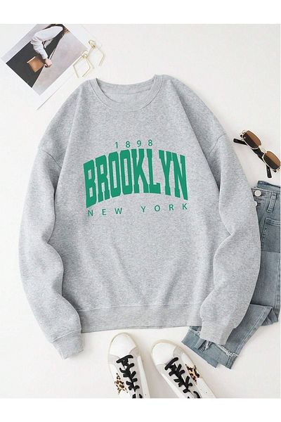 DUBU BUTİK Φούτερ Brooklyn 1898 - Γκρι στάμπα Oversize Crew Neck