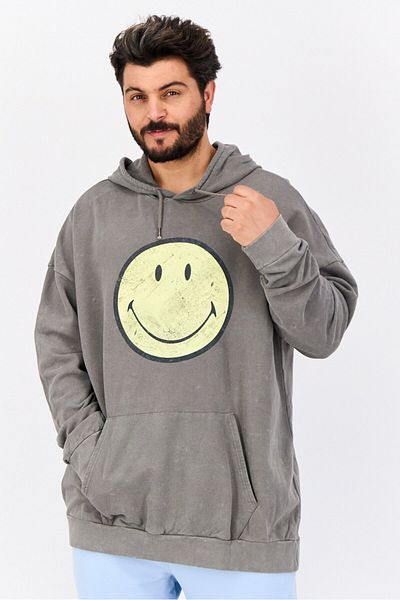 SMILEY سويت شيرت رجالي بغطاء رأس وطبعة جرافيكية وأكمام طويلة، رمادي