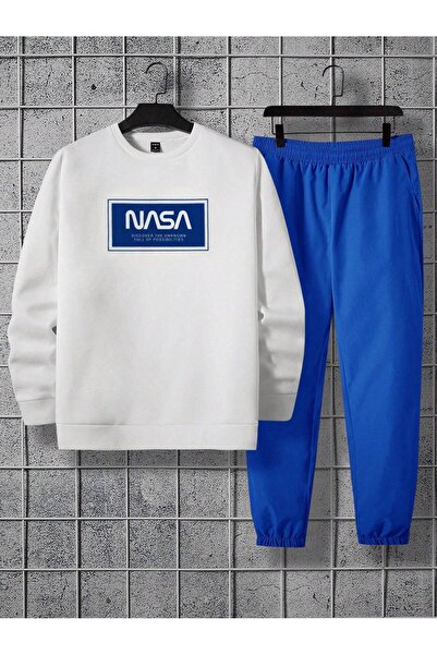 CLAYES Nasa Unkown Tracksuit Set Sweatshirt Jogger - біла сорочка з принтом Sax Blue Shirt Crew Neck