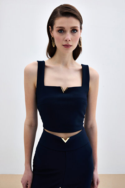 Sateen Navy Blue Blouse with Gold Accessories