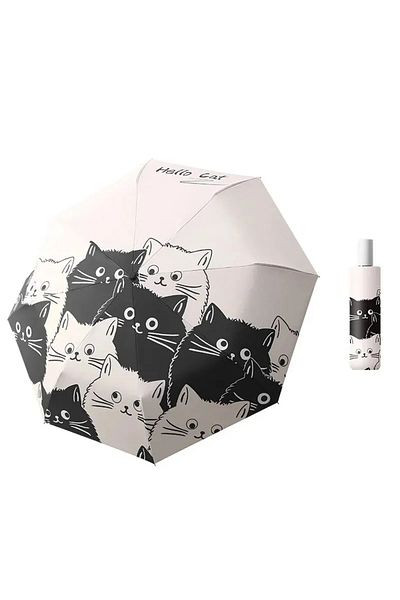 Choice manual model 1pc Simple Cartoon Kittens Printed Black And White Automatic Umbrella, Sunny And Rainy
