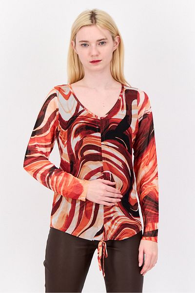 CYRUS Women V Neck Long Sleeve Allover Print Top, Red
