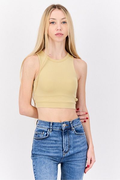 Don't Call Me Jennyfer Women Round Neck Sleeveless Plain Tank Top, Beige