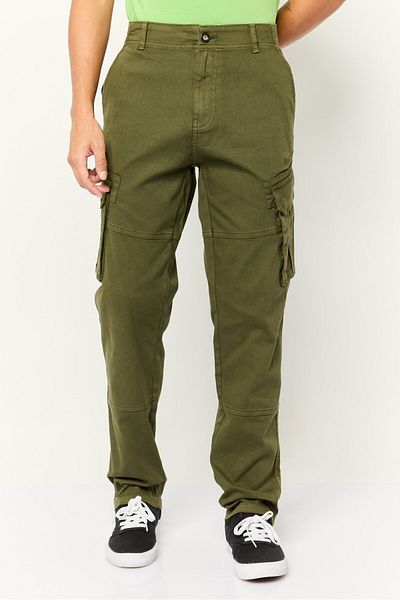 Threadbare Men Regular Fit Plain Cargo Pants, Olive