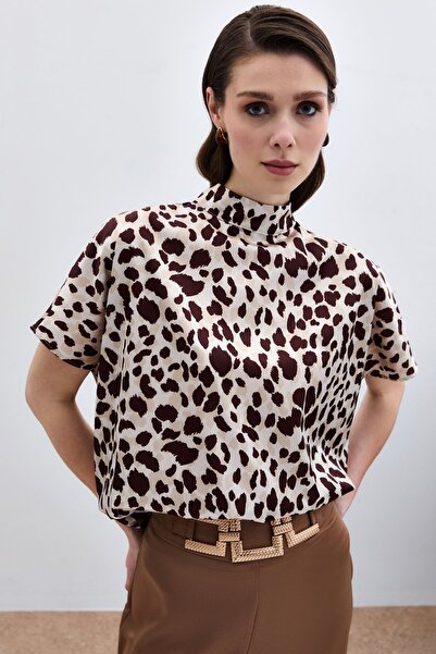 Sateen Yarasa Kol Salaş Bluz - Bej-Kahve