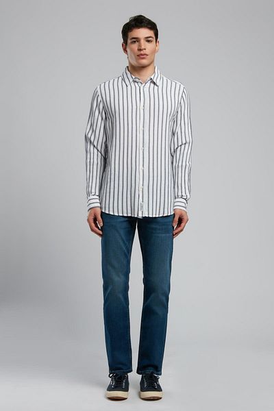 Lee Cooper Olezka Men's Sleeve Woven Shirt Ecru-Navy Blue