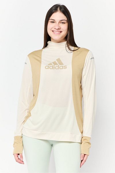 adidas بلوزة رياضية نسائية بأكمام طويلة للجري، لون بيج
