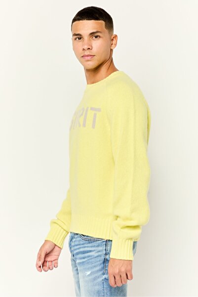 Esprit Men Ribbed Collar Embroidered Logo Sweaters, Acid Yellow