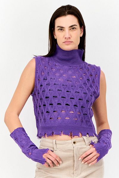ASYOU Women High Neck Cold Shoulder Eyelet Top, Purple