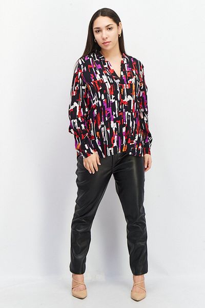 Esprit Women Split Neck Long Sleeve Allover Print Blouse, Black Combo