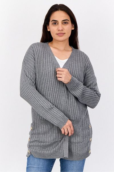 PİNK ROSE Women Split Neck Stripe Cardigans, Heather Grey