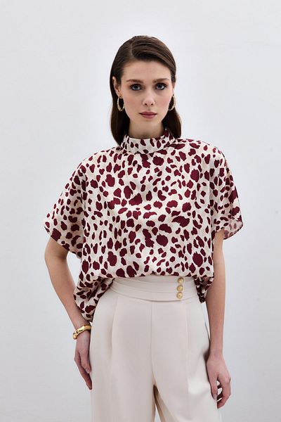 Sateen Bat Sleeve Casual Blouse - Beige-Claret Red