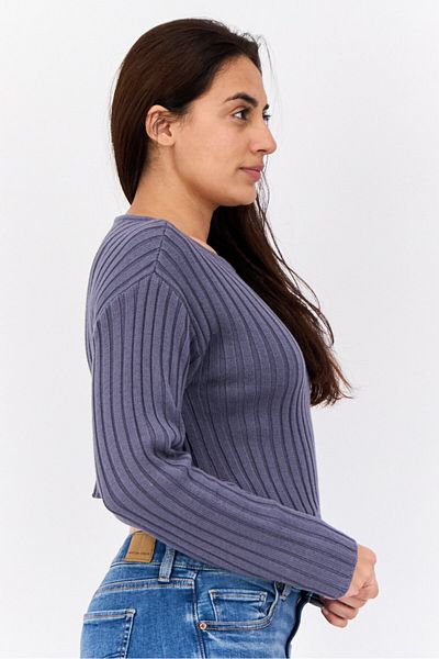 No Comment Women Boat Neck Ribbed Sweater, Grey