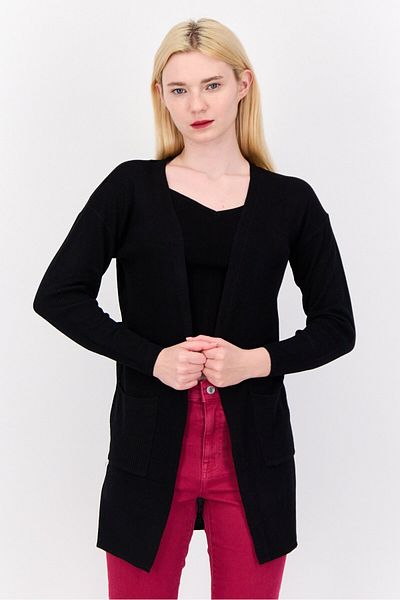 PİNK ROSE Women Split Neck Knitted Cardigan, Black