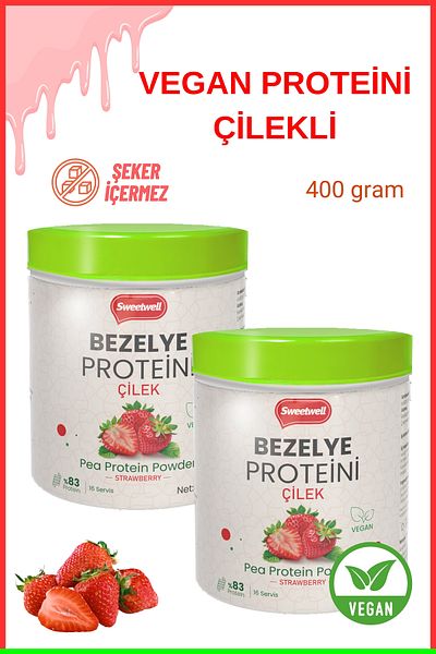 Sweetwell Strawberry Flavored Vegan Pea Protein Powder 400 Gr X 2 Pieces - Contains 83% Protein Pae Protein Powder