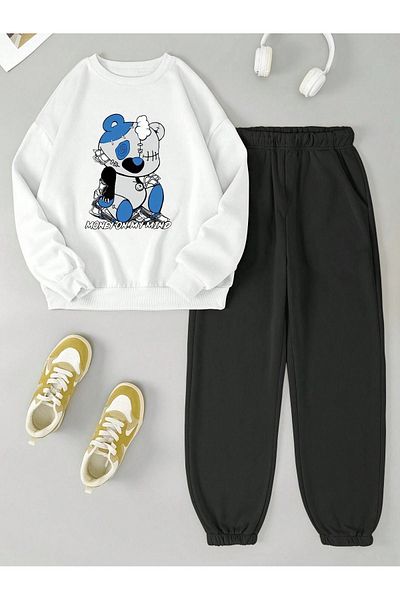 DUBU BUTİK Money Mind Bear Tracksuit Set - White Black Printed Winter Crew Neck