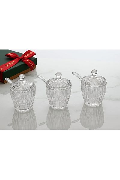 FAIR HOME Line Striped Pattern Round Plastic Glass Sugar Bowl Set with Spoon - 3 Pieces