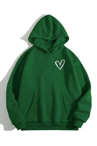 DUBU BUTİK Minimal Heart Sweatshirt - Green Printed Oversize Hoodie