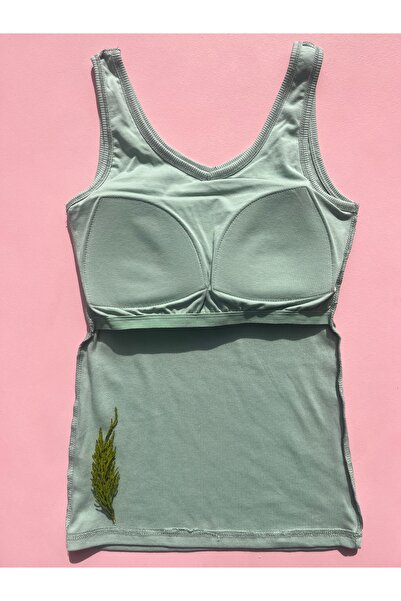 LEYNA BUTİK Modal Camisole Wide Straps Back Detailed Women's Fixed Pad Green Color Undershirt - Thsirt