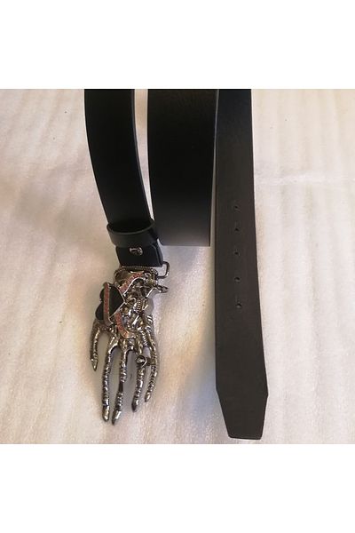 Butik Tülin Unisex Authentic Genuine Cowhide Black Silver Skull Skeleton Hand with Black Heart Cowboy Buckle Belt