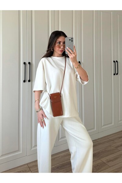 manana fashion White Modal Fabric Oversize Crew Neck Short Sleeve Premium Quality Tracksuit Set