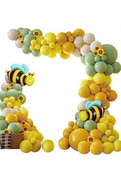 Çemrek Süs Parti Turmeric Green Yellow Sea Kumu Bee Concept Balloon Chain Set 100Pcs