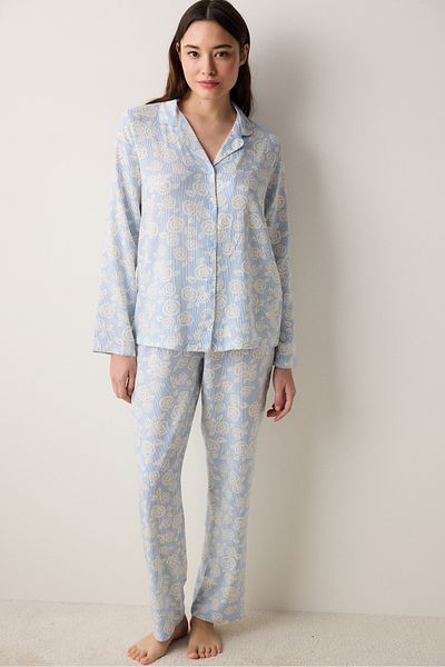 Penti Trandafiri Cămașă Pantaloni Set Pijama Albastru Deschis