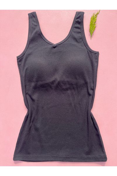 LEYNA BUTİK Modal Camisole Wide Straps Back Detailed Women's Fixed Pad Black Color Undershirt - Thsirt