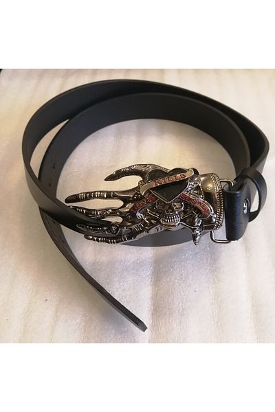 Butik Tülin Unisex Authentic Genuine Cowhide Black Silver Skull Skeleton Hand with Black Heart Cowboy Buckle Belt