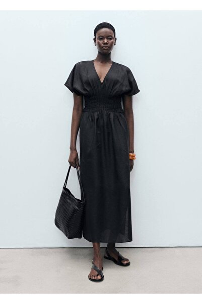 MANGO Woman Μακρύ λινό φόρεμα με κορδόνια