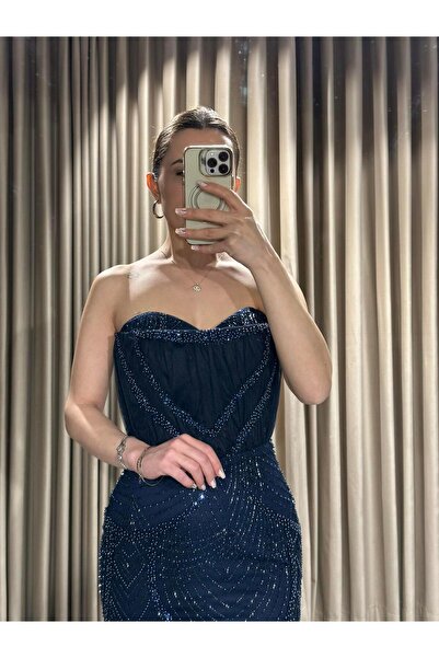 Kaleiçi Yıldızlar Lacivert Kedi Yaka Boncuk İşlemeli Balık Abiye 5559