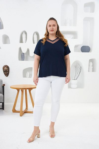 RMG V-Neck Tulle and Stone Detailed Large Size T-Shirt Navy Blue