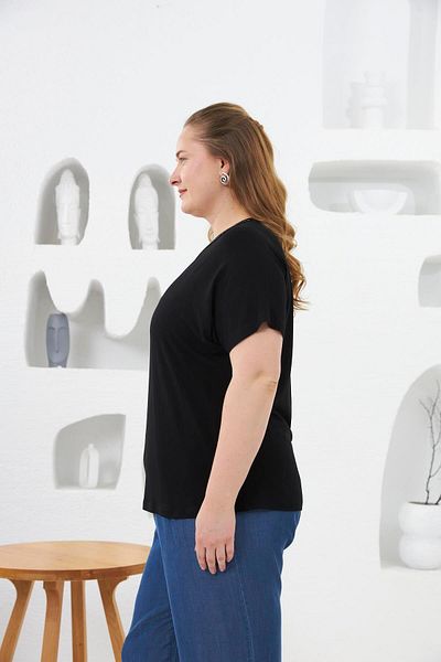 RMG Collar Tulle and Stone Detailed Large Size T-Shirt Black