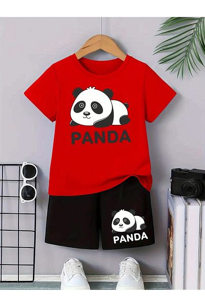 vinraus Girl\Boy Red-Black Sleeping Panda Printed Combed Cotton Shorts-Tshirt Set