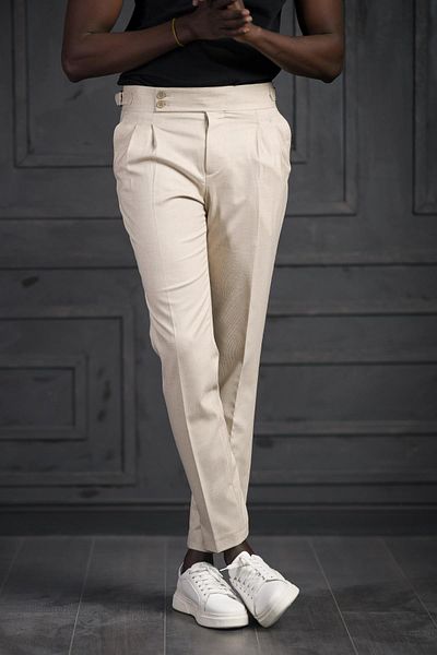 PERPANT Slimfit Double Pleated Belt Buckle Summer Fabric Trousers