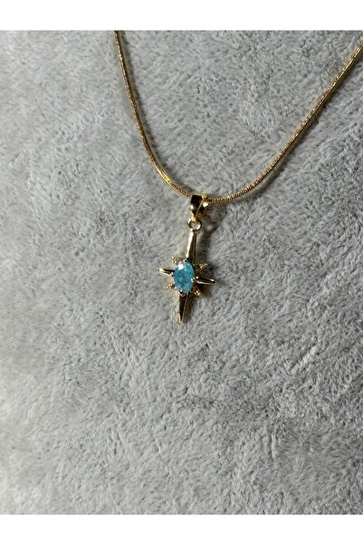 Uzak Işıklar Kutup yıldızı mavi zirkon taşlı gold çelik kolye