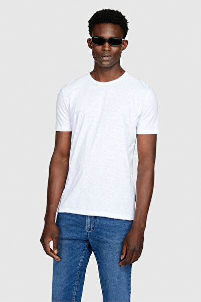 Sisley Ανδρικό λευκό μπλουζάκι 100% Koton εφαρμοστό Slub T-Shirt - 323A3YR7S101K