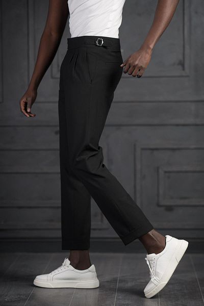 PERPANT Slimfit Double Pleated Belt Buckle Summer Fabric Trousers