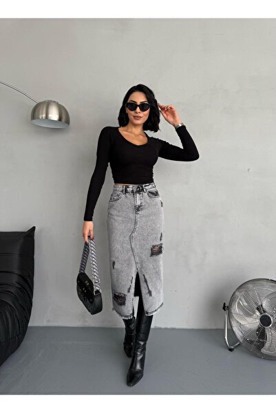 Zeo Basic FUSTA JEAN GREY SNOW WASH DE MĂRIME MAXI CU FĂȚI ȘI DETAIL DE RUPERE