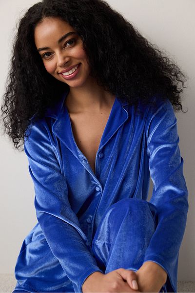 Penti Saks Blue Blue Velvet Shirt and Pants Pajama Set