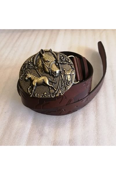 Butik Tülin Unisex Horse Printed Kpieer Belt, Afsun and Bronze Color Cowhide Leather