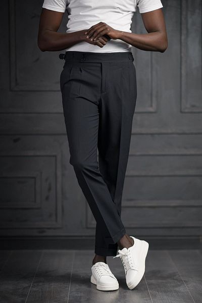 PERPANT Slimfit Double Pleated Belt Buckle Summer Fabric Trousers
