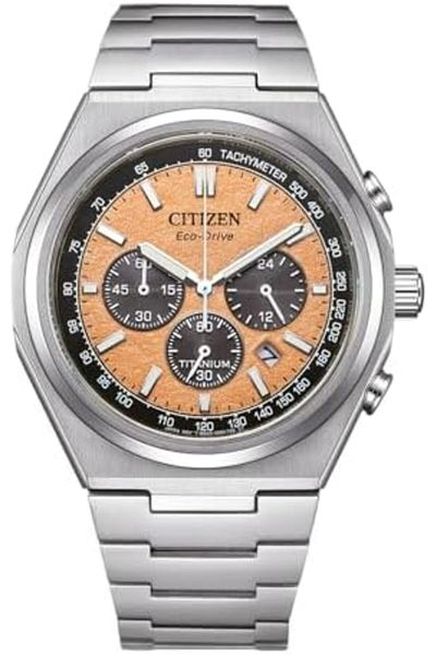 Citizen ساعة Zenshin Chrono CA4610-85Z Eco-Drive للرجال بمينا سمك السلمون، تيتانيوم فائق، 42.5 مم،