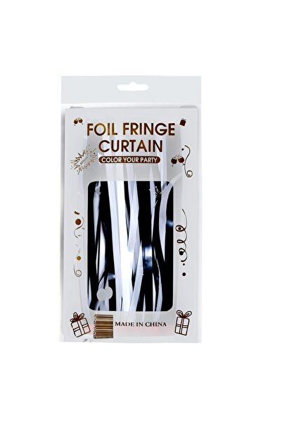 CNGZSHOP Metalize Siyah Beyaz Parlak Arka Fon Kapı Perdesi Püskülü 100x200 Cm...