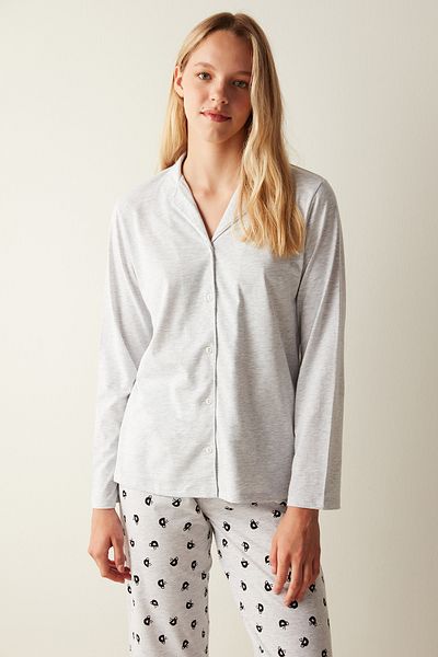 Penti Set de pijamale cu pantaloni cămașă cu nasturi cu imprimeu cafea