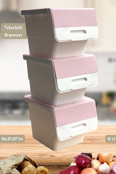 Jet's Home 3’lü Tekerlekli Patateslik Soğanlık Oyuncaklık Sebzelik Beyaz Pemb...