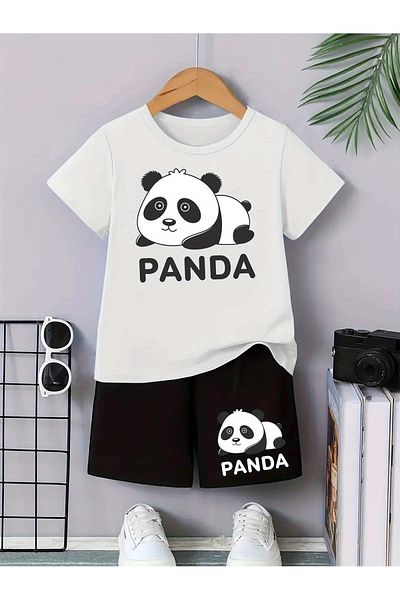 vinraus Girl\Boy White-Black Sleeping Panda Printed Combed Cotton Shorts-Tshirt Set